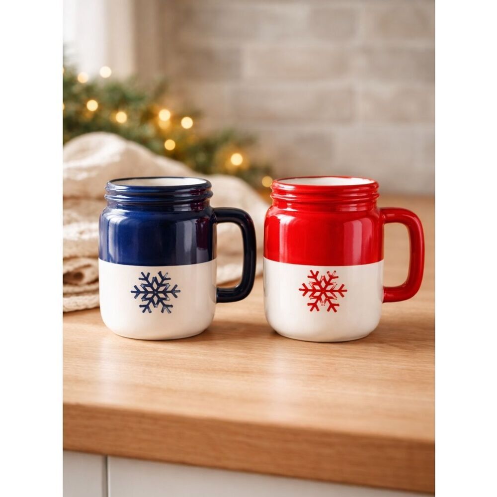 Christmas Holiday Pair of Red & Blue Snow Flakes Coffee Tea Cup Mug Mason Jar